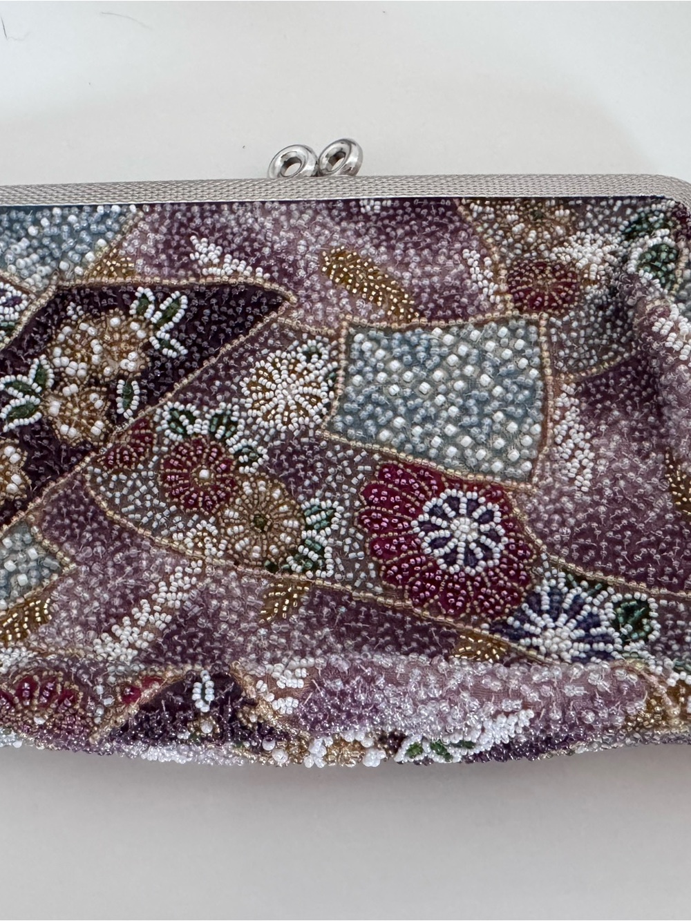 Vintage Handmade Seed Bead Clutch Purse Floral Patchwork Kiss Lock Evening Bag - Picture 3 of 7